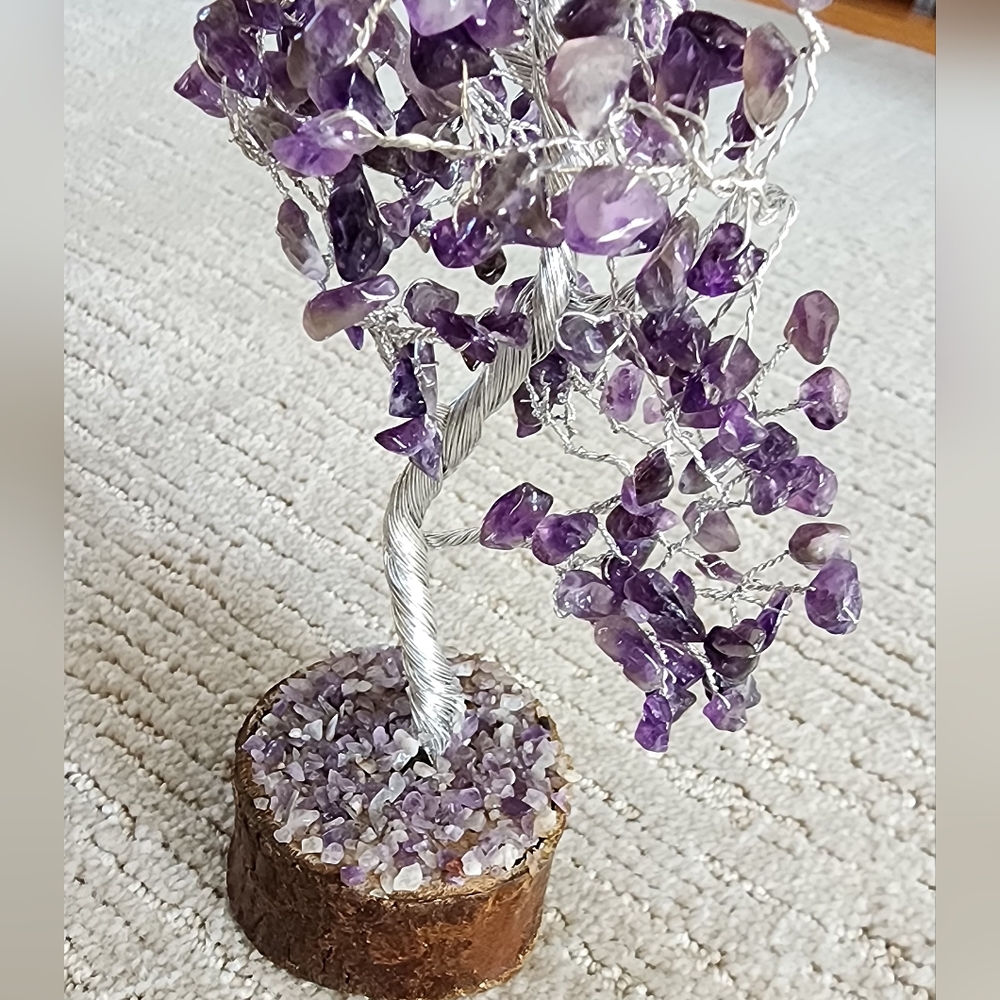 Purple Amethyst Genuine Natural Gemstone Wired Tree Sculpture NEW!